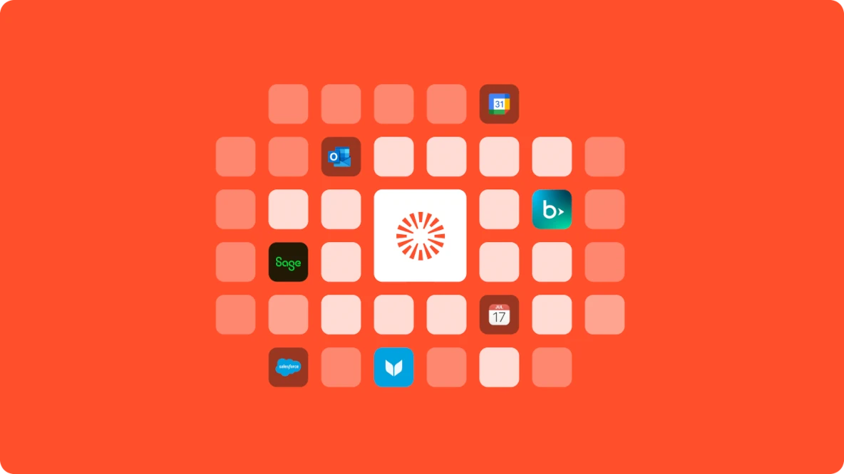 Grid of app integration icons including calendar, CRM, and accounting tools