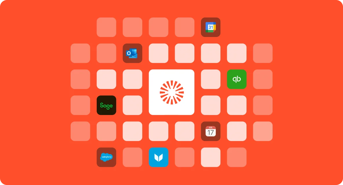 Grid of app integration icons including calendar, CRM, and accounting tools