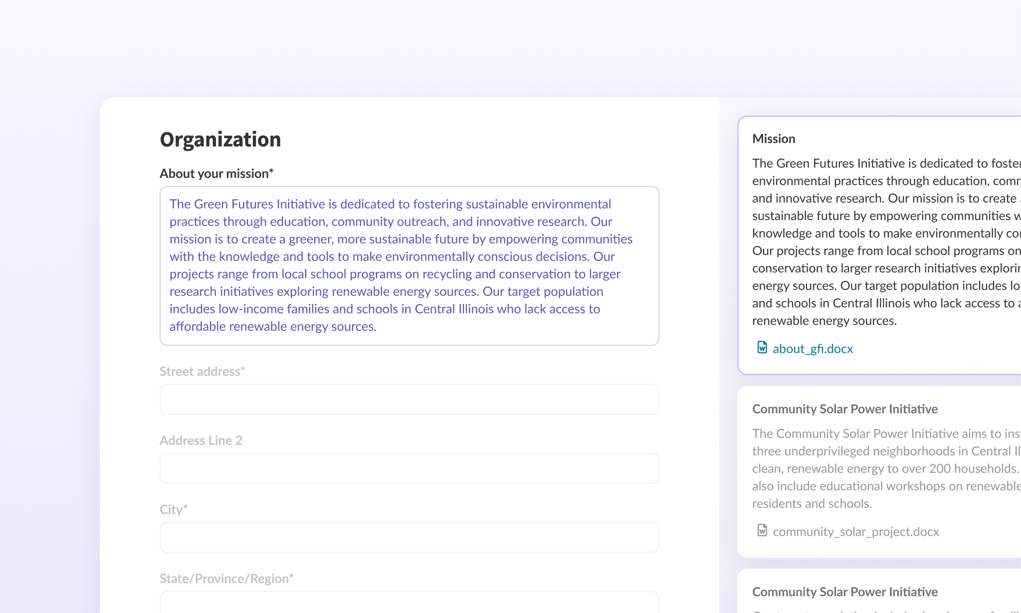 Centralized document library for grant applications